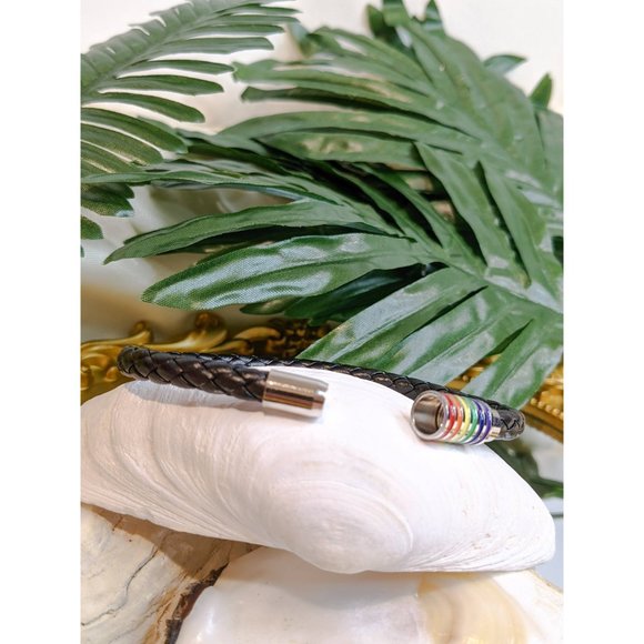 🍑Gay Pride Rainbow LGBTQ Braided Black Leather Magnetic Closure Bracelet - Picture 9 of 9